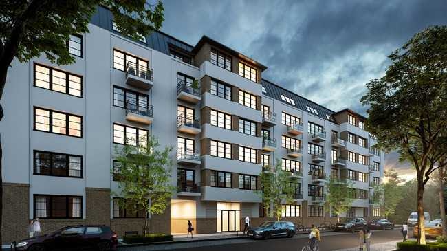 Fischerstraße 11-8: Zur Straßenseite hin wird ein 6-geschossiger Riegelbau errichtet, in dem auf bei 5.108 m2 Bruttogeschossfläche 105 Wohnungen Platz finden. | Foto: Renderopus