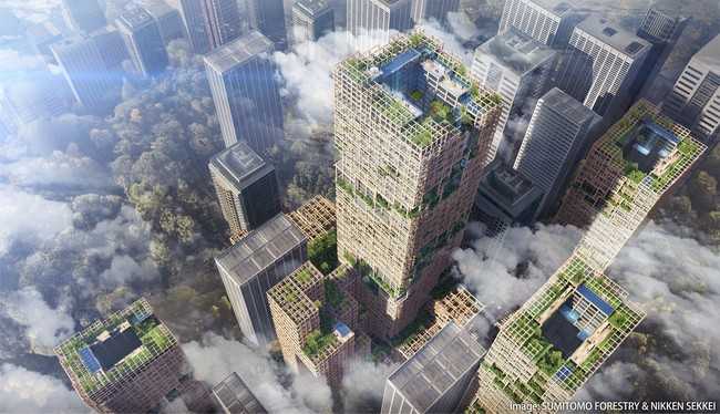 Nachhaltige Variante eines Wolkenkratzers: Studie eines 350 Meter hohen Wohnturms in Tokio - zu 90 Prozent aus Holz und 10 Prozent Stahl. | Foto: Nikken-Sekkei